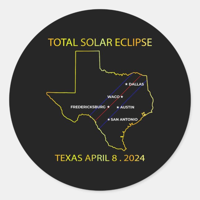Pegatina Redonda De Solar Eclipse 2024 Mapa Interactivo Texas Eclip (Anverso)