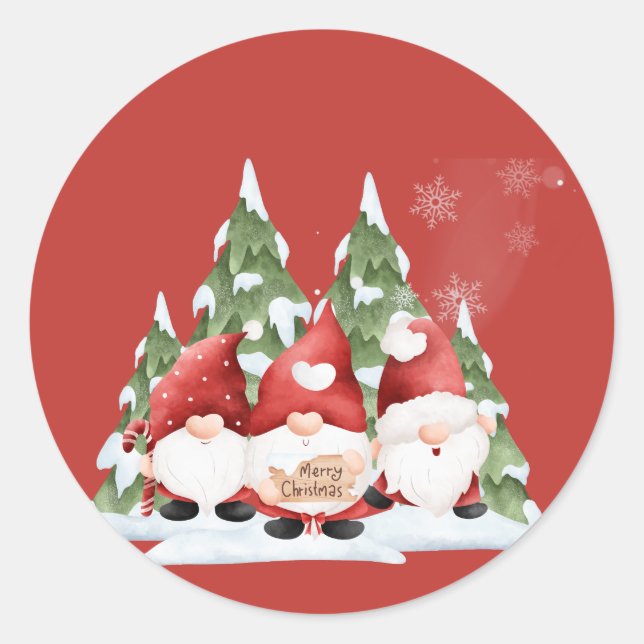 Pegatina redonda de tres gnomos de Navidad (Anverso)