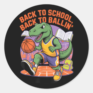 Pegatina Redonda De Vuelta A La Escuela En Ballin Basketball Dino