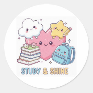 Pegatina Redonda De Vuelta a la Escuela Lindo Kawaii Estudia y Bril