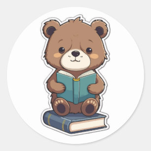 Pegatina Redonda De vuelta a la escuela - Oso de librería leyendo u