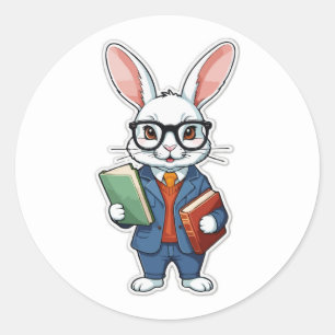 Pegatina Redonda De vuelta a la escuela: profesor conejo Nerdy