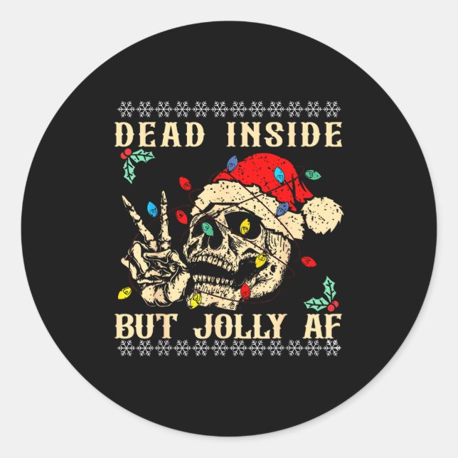 Pegatina Redonda Dead Inside But Jolly Af Funny Skeleton Santa Hat  (Anverso)