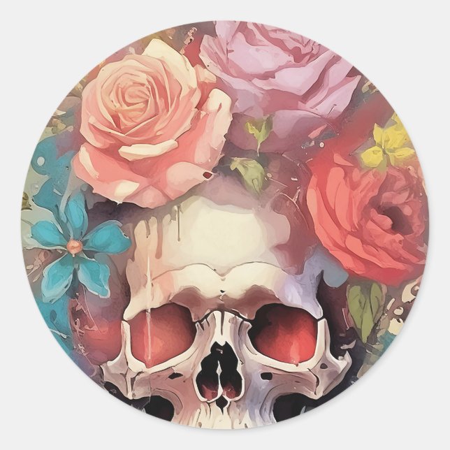 Pegatina Redonda Death by Pastels, Roses and Peeking Gothic Skull  (Anverso)