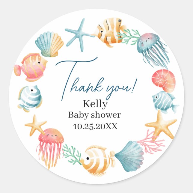 Pegatina Redonda Debajo del mar Océano acuático Ducha bebé gracias (Anverso)