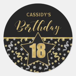Pegatina Redonda Décimo Octavo Cumpleaños Confetti Negro y Oro