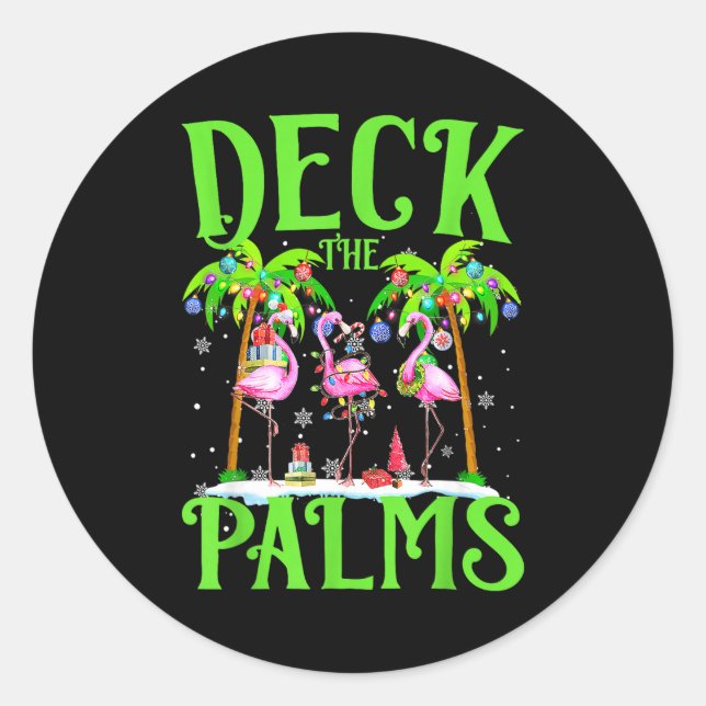 Pegatina Redonda Deck The Palms Flamingo Trocal Christmas Lights Pa (Anverso)