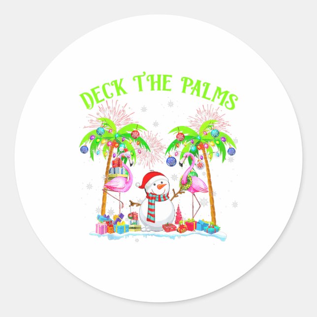 Pegatina Redonda Deck The Palms Flamingo Trocal Christmas Lights Pa (Anverso)