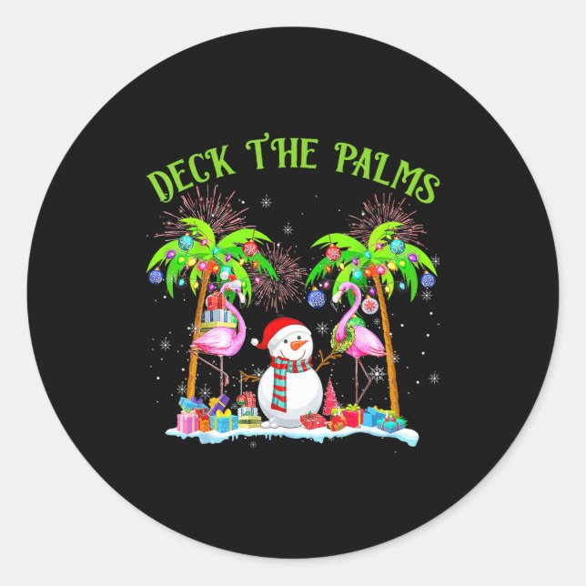 Pegatina Redonda Deck The Palms Flamingo Trocal Christmas Lights Pa (Anverso)