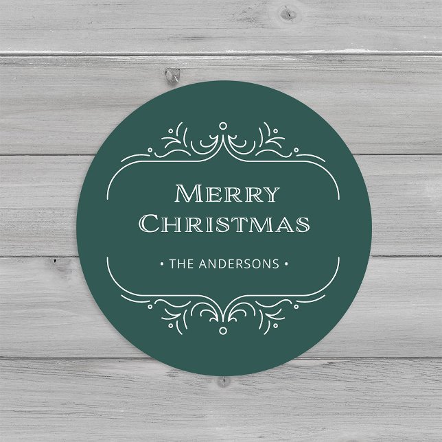 Pegatina Redonda Deco moderno | Elegante Navidad Verde Feliz (An elegant green art deco style Christmas sticker)