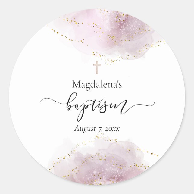 Pegatina Redonda decoración acuarela Bautismo niña (Anverso)