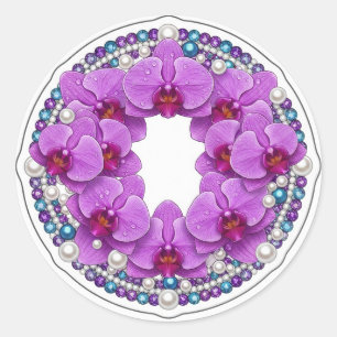 Pegatina Redonda Decoración de Corona de Orquídea Púrpura para Boda