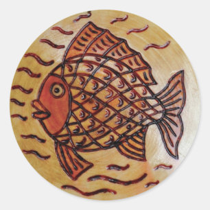 Pegatina Redonda Decoración de madera con los pescados