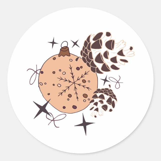 Pegatina Redonda Decoración de Navidades marrones, conos y estrella (Anverso)