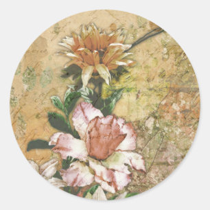 Pegatina Redonda Decoración floral de época de la época de la cosec