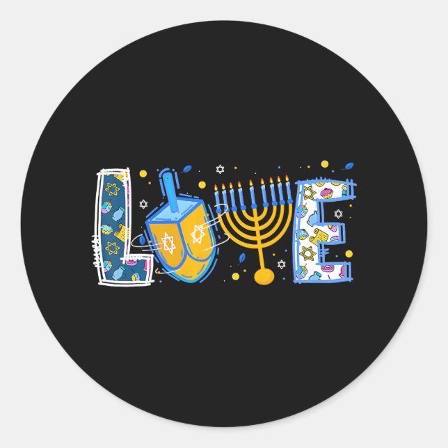 Pegatina Redonda Decoraciones de Cute LOVE Hanukkah Dreidel Menorah (Anverso)