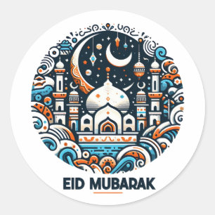 Pegatina Redonda Decorado Eid Mubarak Media Luna Colorida Arte Mezq