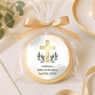 Pegatina Redonda Dedicación de bebé con cruz dorada y verde acuarel