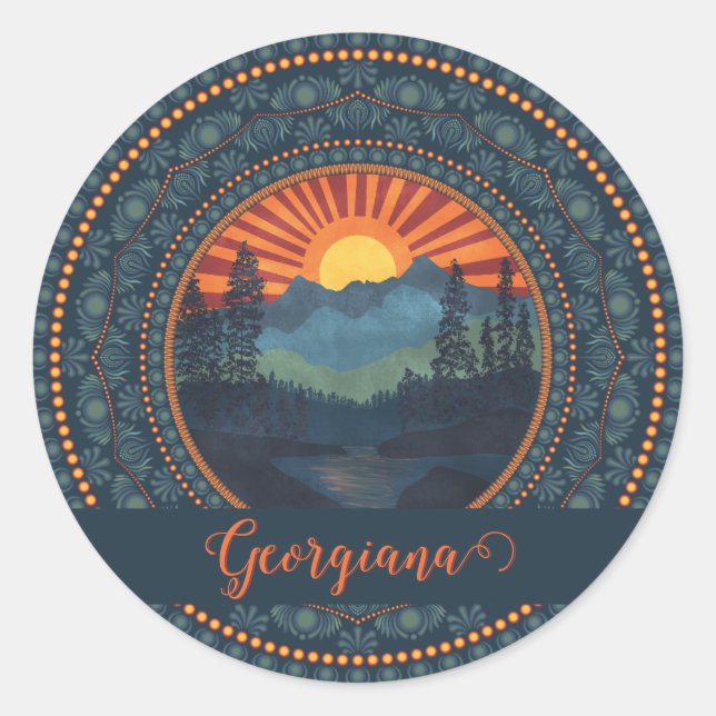 Pegatina Redonda Dedo Sunset Dot Personalizado Vintage Wilderness (Anverso)