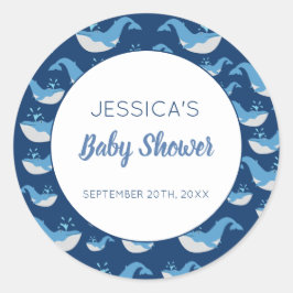 Pegatina Redonda Deep Blue Ocean Whale Baby Boy Baby Shower