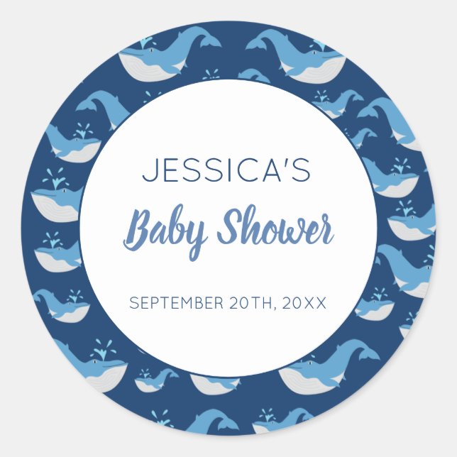 Pegatina Redonda Deep Blue Ocean Whale Baby Boy Baby Shower (Anverso)