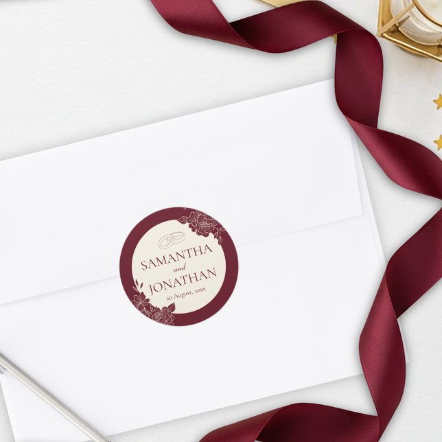 Pegatina Redonda Deep Burgundy Floral Wedding Envelope Seal (Deep Burgundy Floral Line Art with Ivory Circle Envelope Seal Wedding Sticker)