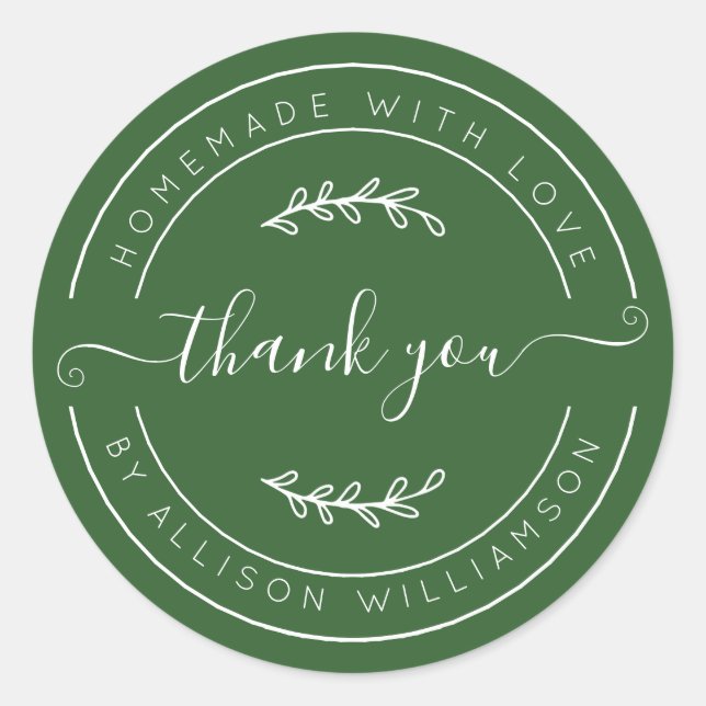 Pegatina Redonda Deep Green Homemade Thank You Label (Anverso)