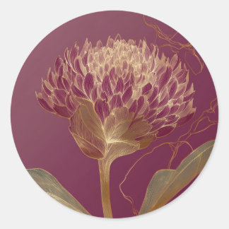 Pegatina Redonda Deep Red Gold Botanical Flower Linework
