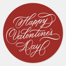 Pegatina Redonda Deep Red Happy Valentines Day Elegant Calligraphy 