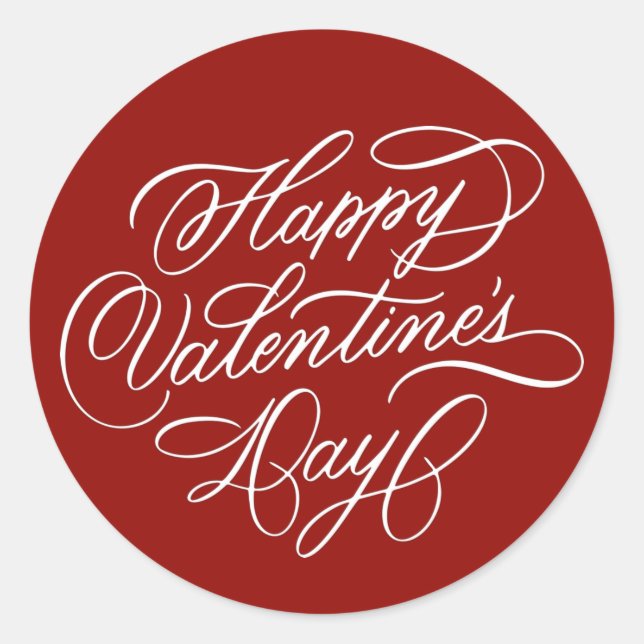 Pegatina Redonda Deep Red Happy Valentines Day Elegant Calligraphy  (Anverso)