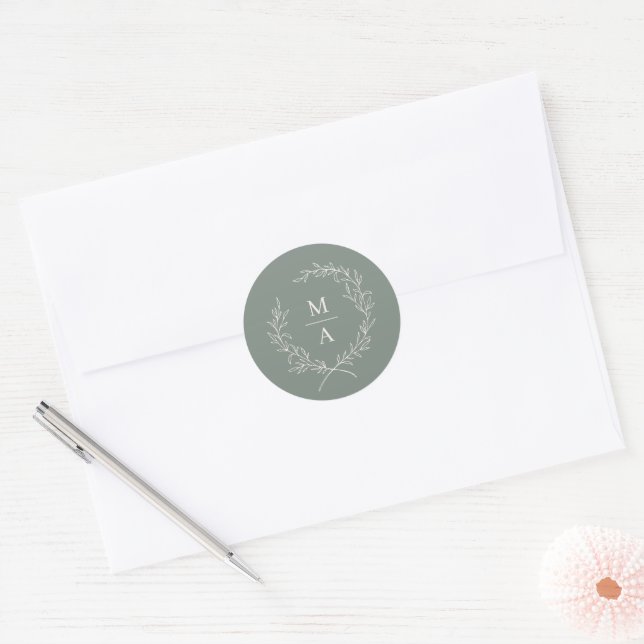 Pegatina Redonda Deep Sage Simple Elegante Laurel Wreath Monograma  (Sobre)