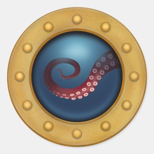 Pegatina Redonda Deep Sea Creature Ship Porthole Steampunk Octopus (Anverso)