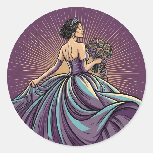 Pegatina Redonda Deep Violet Rhapsody Tiara & Bouquet Quinceañera (Anverso)