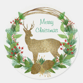 Pegatina Redonda Deer and Pine Bough Merry Christmas Wreath