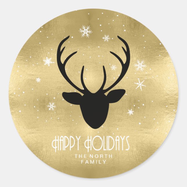 Pegatina Redonda Deer Antlers Silhouette & Snowflakes Gold ID861 (Anverso)