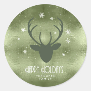 Pegatina Redonda Deer Antlers Silhouette & Snowflakes Green ID861