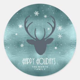 Pegatina Redonda Deer Antlers Silhouette & Snowflakes Verde azulada