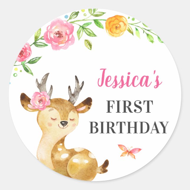 Pegatina Redonda Deer Baby Girl First Birthday Doe Guest Favor Pink (Anverso)