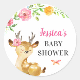 Pegatina Redonda Deer Baby Girl Shower Sprinkle Guest Favor Pink