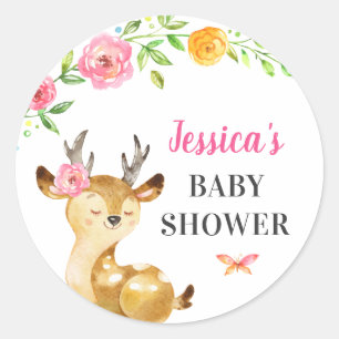 Pegatina Redonda Deer Baby Girl Shower Sprinkle Guest Favor Pink