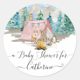 Pegatina Redonda Deer Bear Forest Animals Floral Rustic Baby Shower