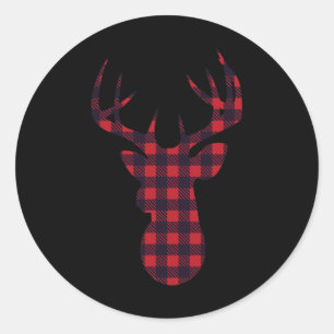 Pegatina Redonda Deer Buck Silhouette Red Plaid Navidades De Coinci