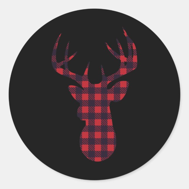 Pegatina Redonda Deer Buck Silhouette Red Plaid Navidades De Coinci (Anverso)