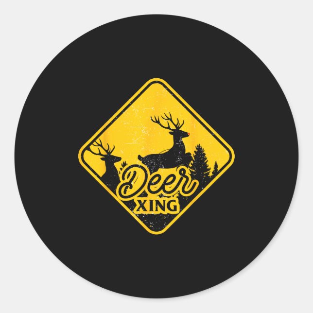 Pegatina Redonda Deer Crossing Sign Christmas Xing Reindeer Funny M (Anverso)