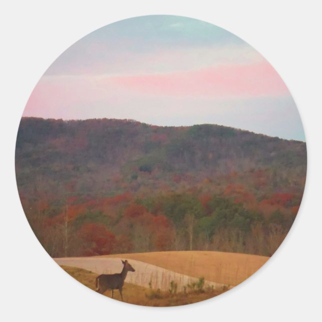Pegatina Redonda Deer en el campo de golf de atardecer (Anverso)