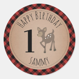 Pegatina Redonda Deer Lumberjack Plaid Birthday