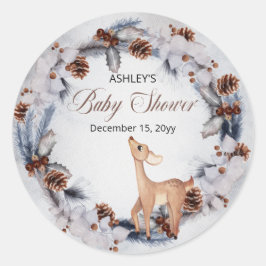 Pegatina Redonda Deer Rustic Winter Floral Baby Shower