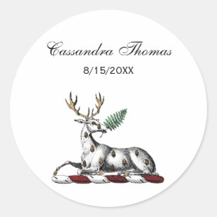 Pegatina Redonda Deer Stag con el Escudo heráldico Fern Emblem