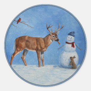 Pegatina Redonda Deer y los divertidos Navidades Snowman
