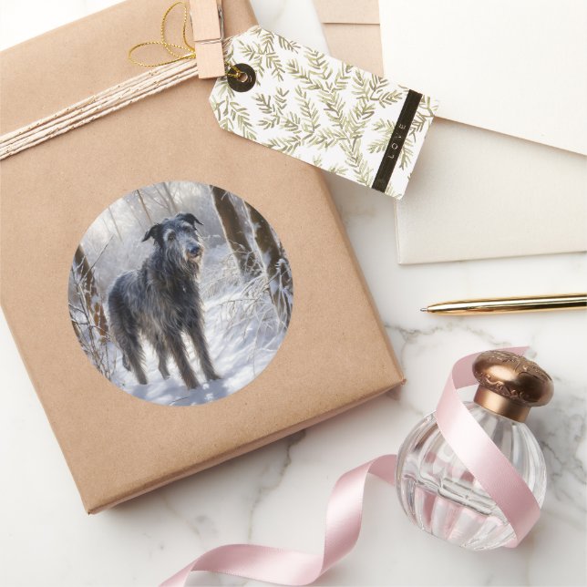 Pegatina Redonda Deerhound escocés deja que nieve Navidades (Regalar)